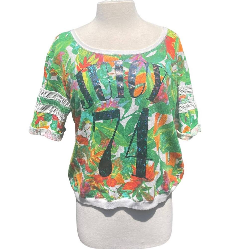 Juicy Couture Women's Juicy 74 Tropical Print Short Sleeve L Crew Neck Green